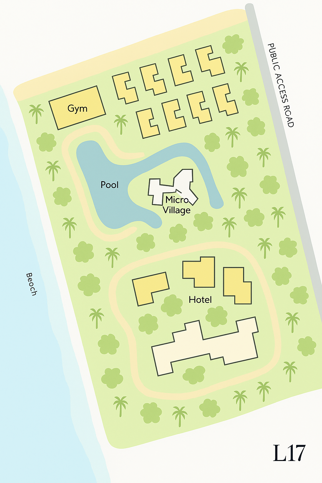 Map of a L17 Property layout with labeled areas including a gym, pool, micro village, and hotel.